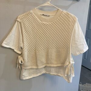 ZARA Crochet Knit White layered Short Sleeve Shirt Size Large